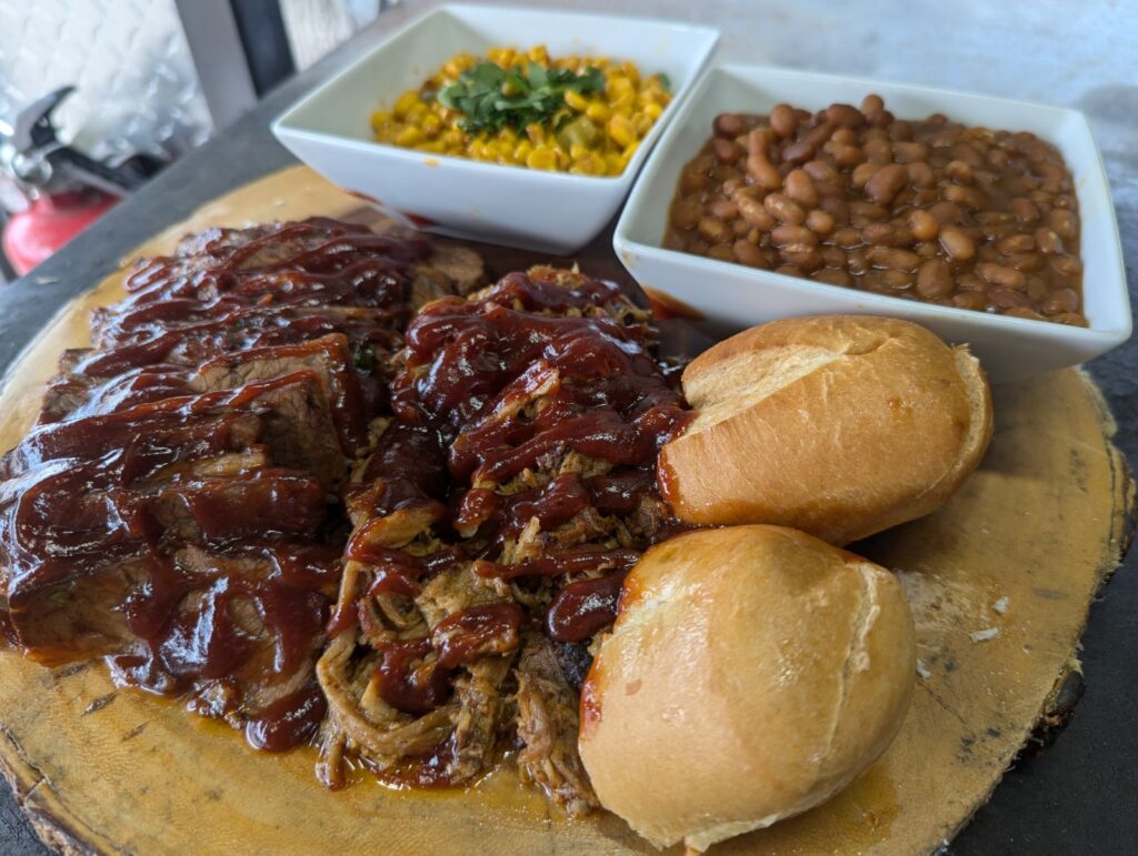 a plate of food with beans and beans